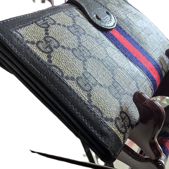 Vintage Gucci Sherry Line Blue Coated Canvas and Leather Slim Wallet 70's/80s - Picture 3 of 13